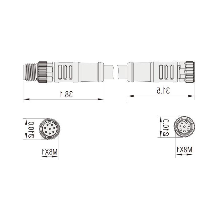 M8 8Pin, female straight turn male straight, double end precast PVC non-flexible cable, with shielding, gray sheathing, 63DA83-XXX