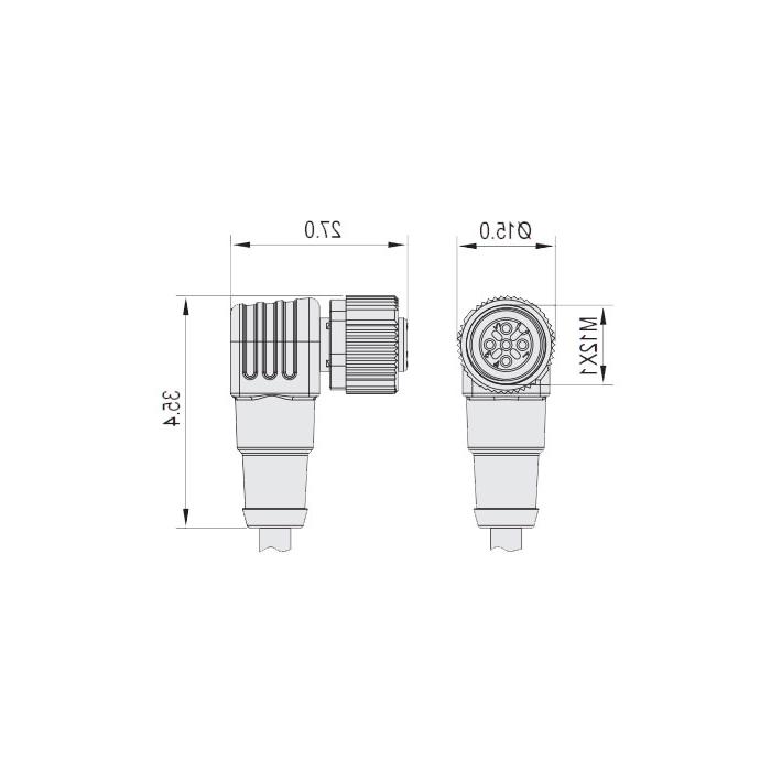 M12 5Pin, female head 90°, single-end precast cable, welding slag resistant PUR material, orange sheath, 64T543-XXX